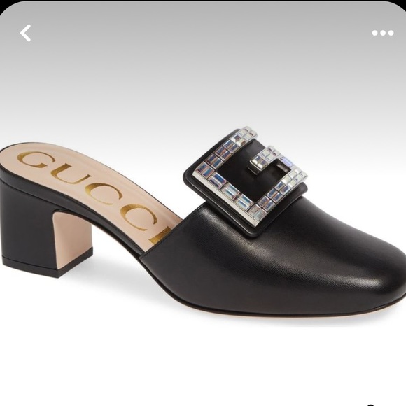 GUCCI CRYSTAL G MULES IN BLACK LEATHER WITH 2” WRAPPED BLOCK HEEL SIZE US 8 1/2 - Picture 1 of 8